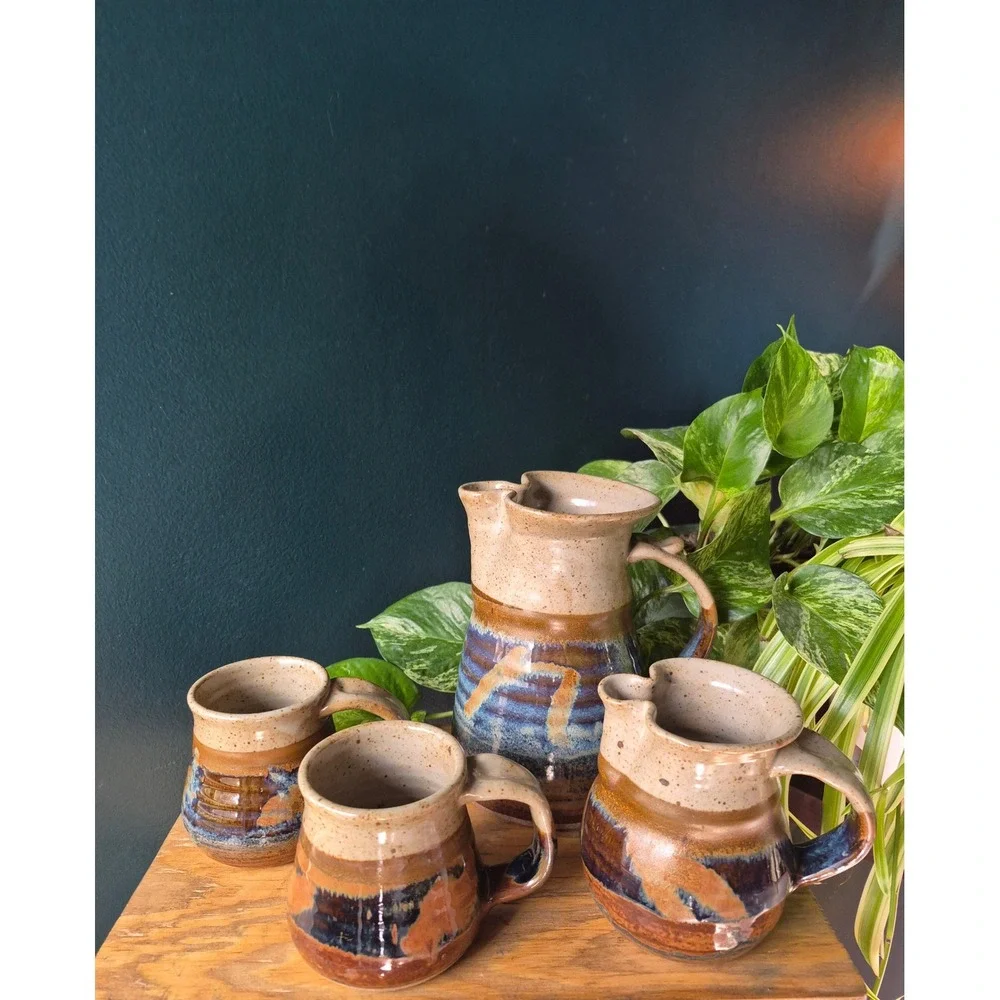 Vintage Studio Pottery Pitcher Mug Set Handmade Stoneware Rustic Farmhouse‎